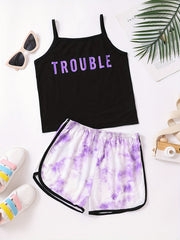 2pc Toddler Girls TROUBLE Cami Top & Tie Dye Shorts Set