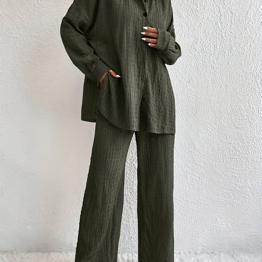 Solid Button-Up Long Sleeve Blouse & Wide Leg Pants Set