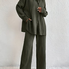 Solid Button-Up Long Sleeve Blouse & Wide Leg Pants Set