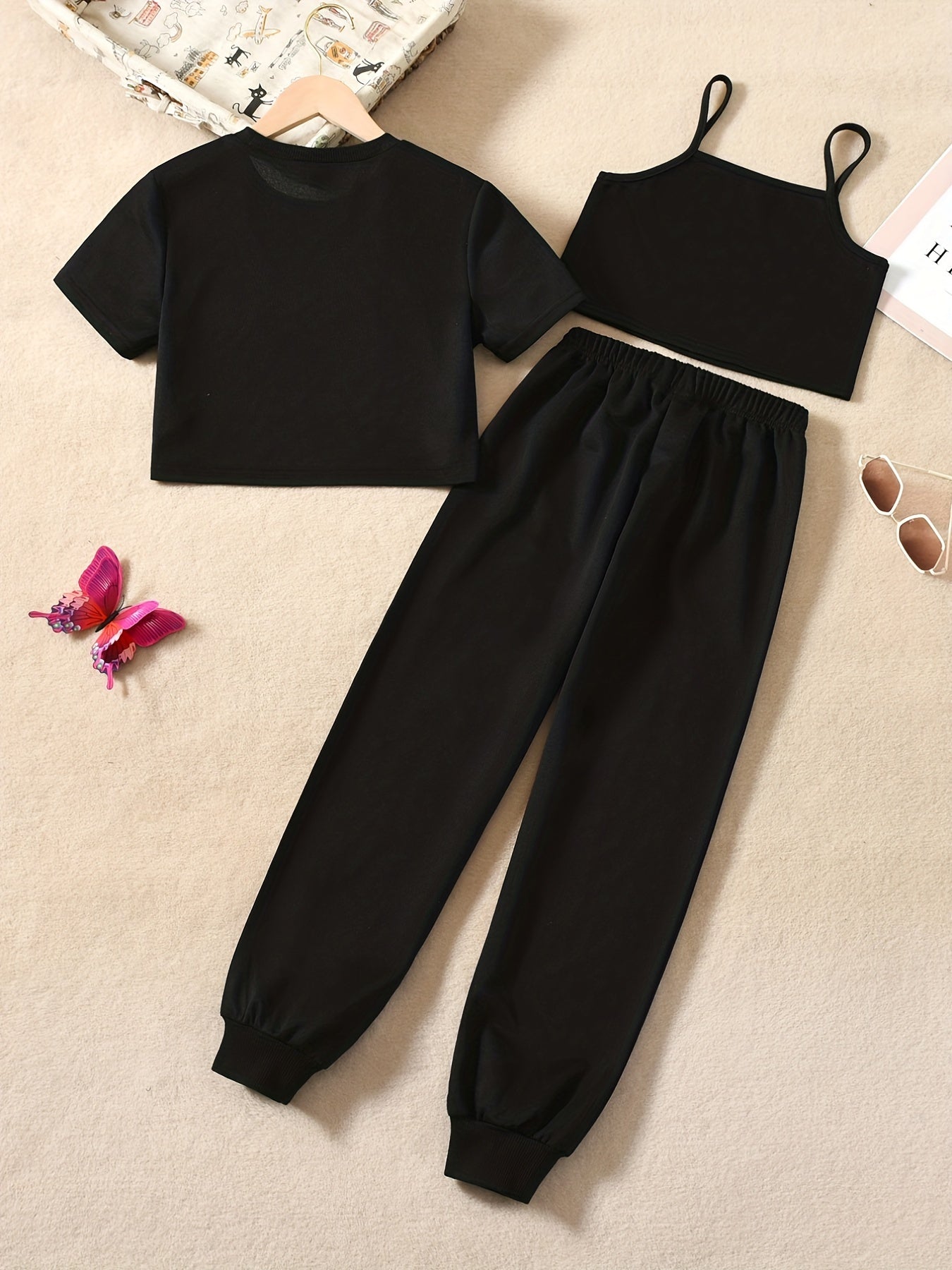3pcs Girls Bow Butterfly Cami Tops Jogger Pants Asymmetrical Trim Set