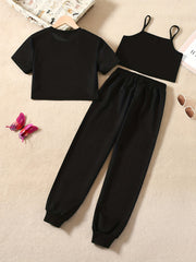 3pcs Girls Bow Butterfly Cami Tops Jogger Pants Asymmetrical Trim Set