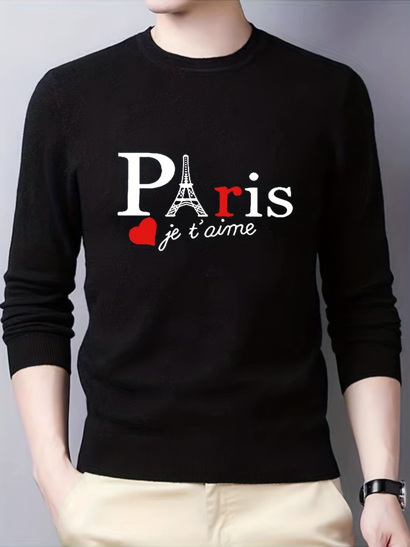 Men's Paris Print Knitted Sweater Casual Mid Stretch Long Sleeve Top