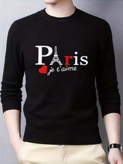 Men's Paris Print Knitted Sweater Casual Mid Stretch Long Sleeve Top