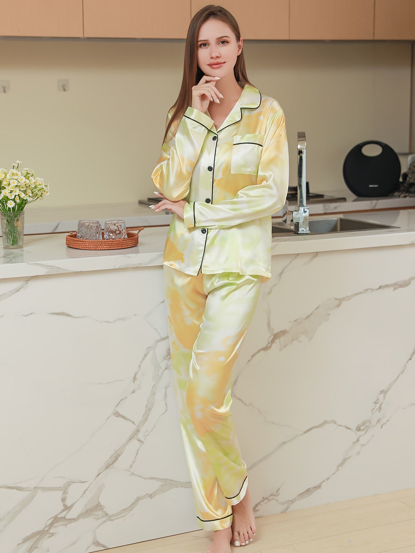 Colorblock Satin Pajama Set Long Sleeve Top & Pants Women's Sleepwear