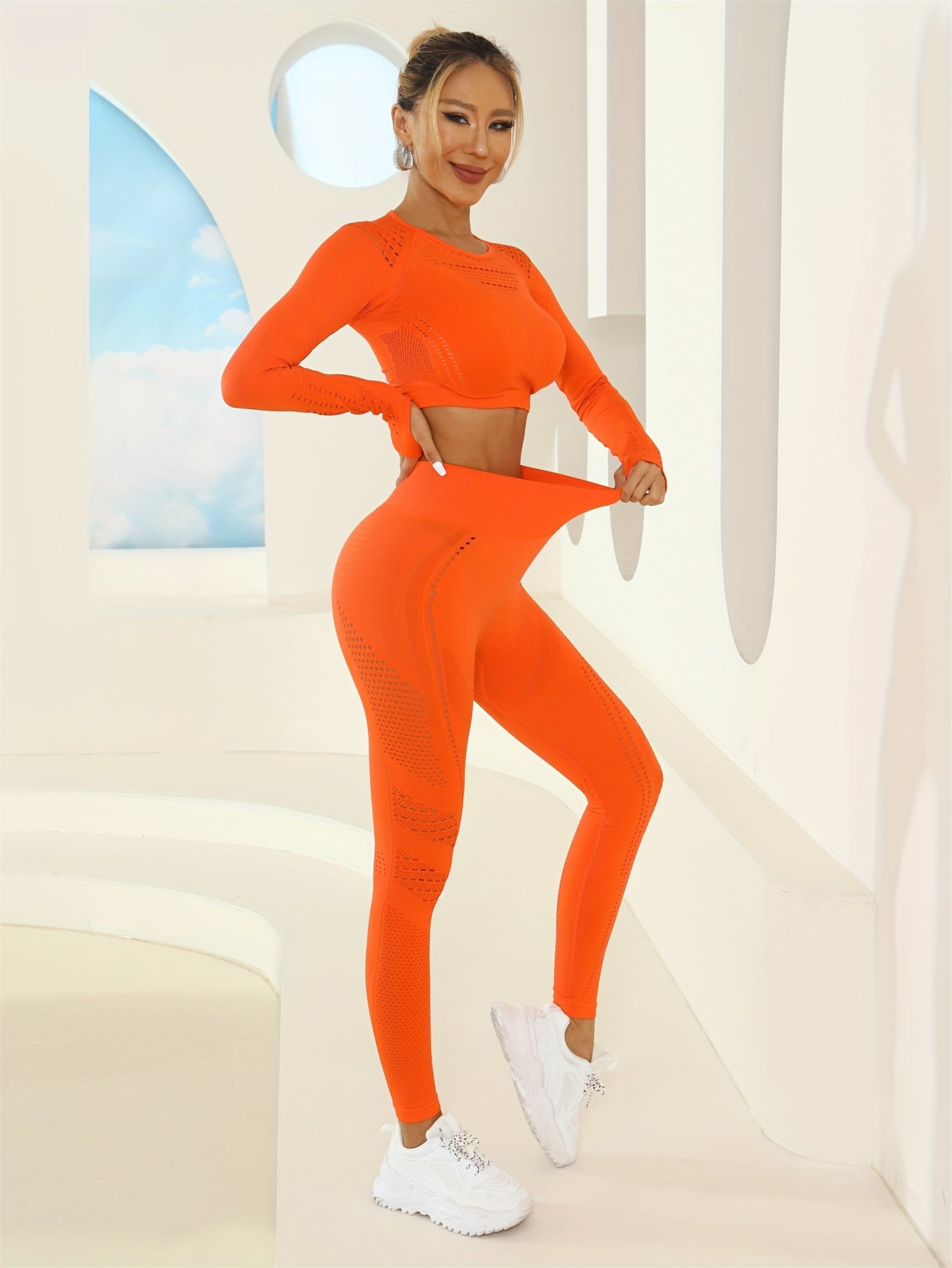 Yoga Workout Set Long Sleeve Top & Running Leggings Women's Activewear
