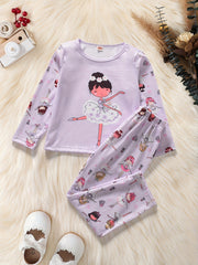 Girl's 2pcs Pajamas Long Sleeve Top & Pants Set Cartoon Ballet Print