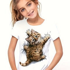 Cute Cartoon Kitty Short Sleeve Tee - Girls Summer Gift