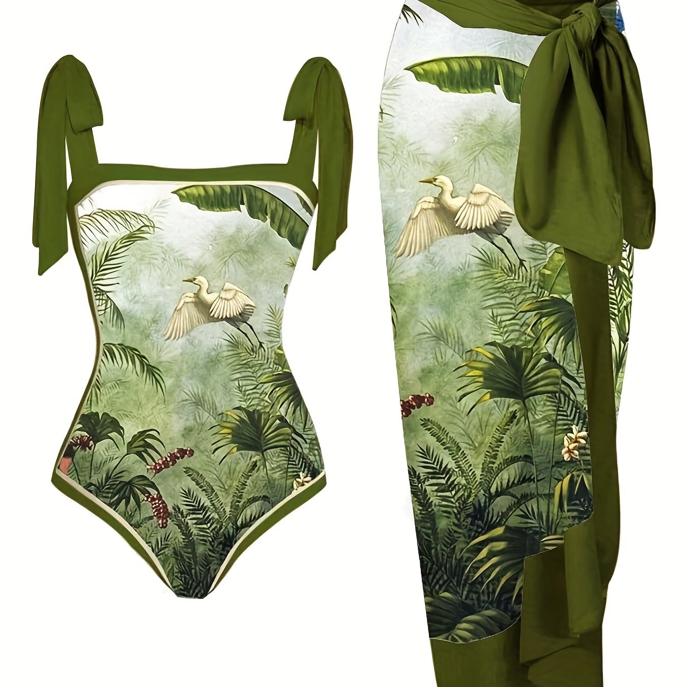 Animal & Plant Print Two Piece Swimsuit with Cover Up Shirt