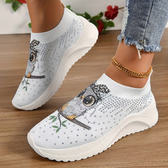 Women's Rhinestone Owl Printed Low Top Sneakers