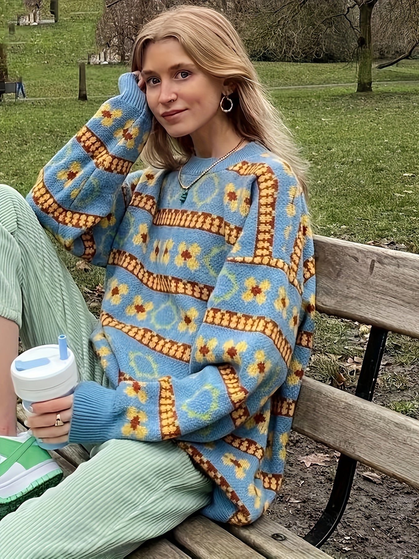 Colorblock Floral Print Long Sleeve Sweater
