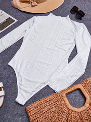 Eyelet Bodysuit Puff Sleeve Slim Fit Mock Neck Bodysuit