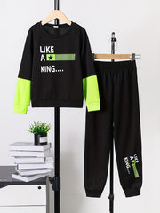 Boy's Clash 2pcs Sweatshirt & Sweatpants Set LIKE A KING Print Long Sleeve Top