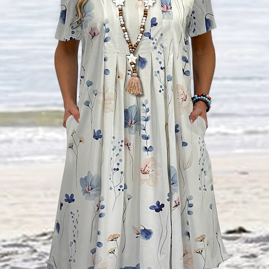 Floral Print Short Sleeve Pleated Dress With Pockets
