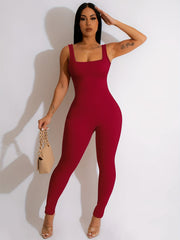 Ribbed Square Neck Jumpsuit Sexy Sleeveless Jumpsuit