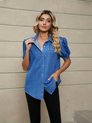 Short Sleeves Denim Shirt Single Breasted Button Lapel