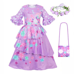 Girls Flower Print Ruffled Costume Dress & Bag & Garland Set