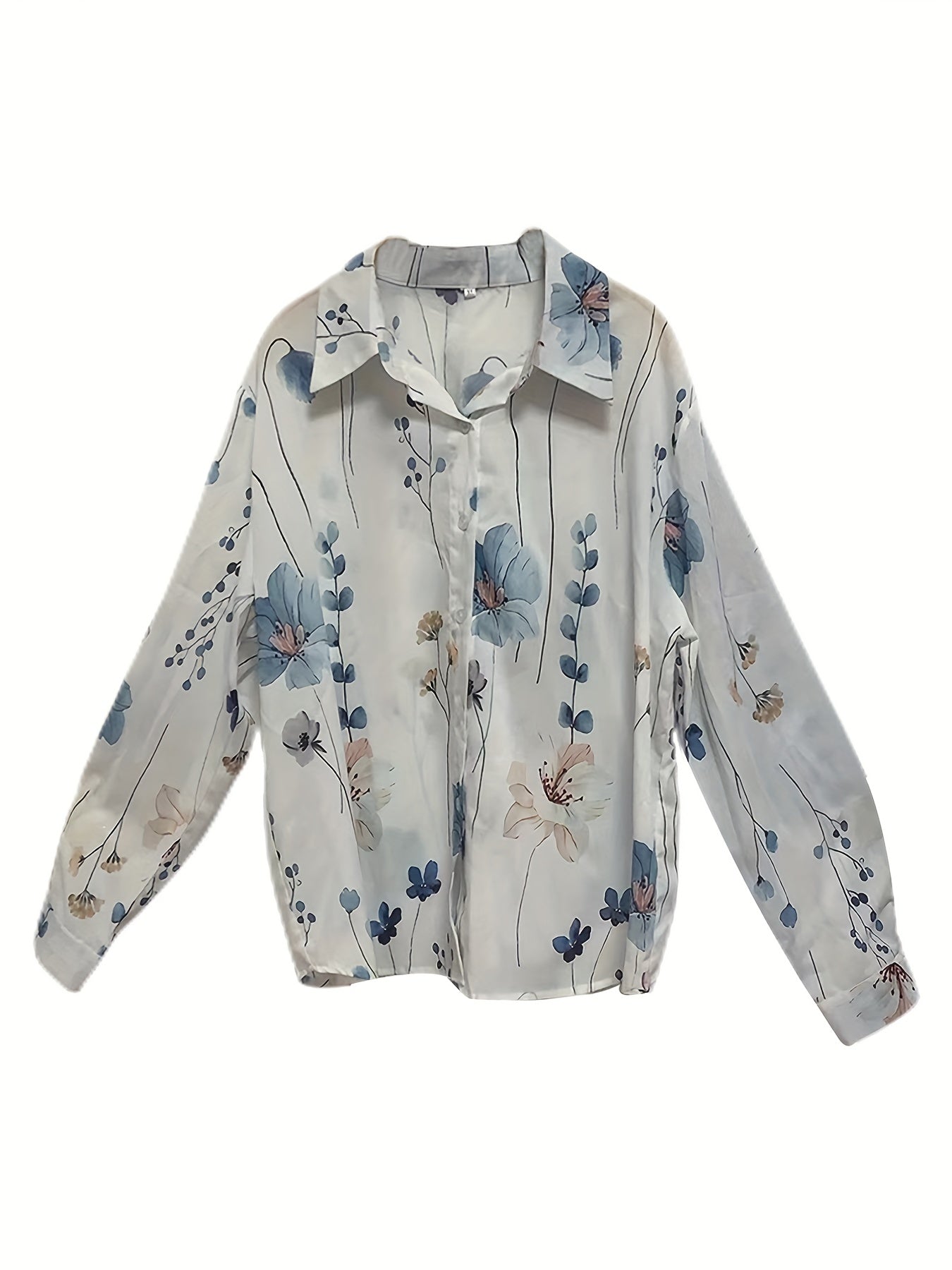 Plus Floral Print Button Up Long Sleeve Blouse