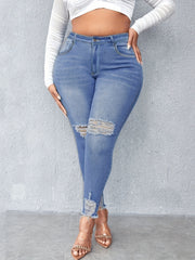 Washed Ripped Fringe Trim Skinny Jeans