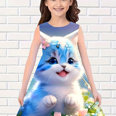 Flower Kitty Dress Girls Sleeveless Summer Party Gift