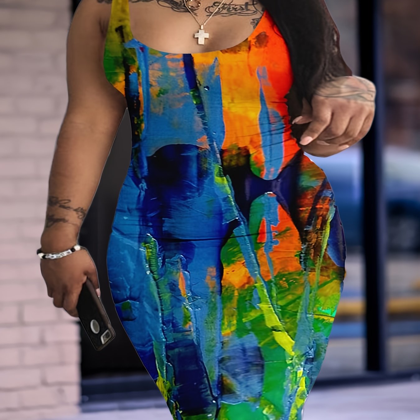 Casual Tank Dress Women's Painting Print Square Neck Slim Fit Dress