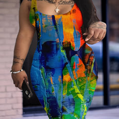 Casual Tank Dress Women's Painting Print Square Neck Slim Fit Dress