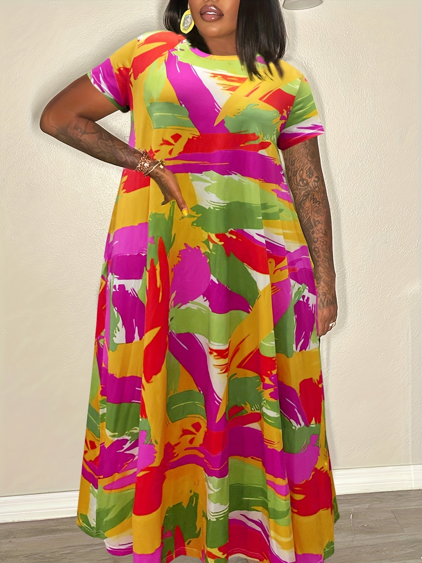 Women's Plus Painting Print Short Sleeve Round Neck Maxi Dress