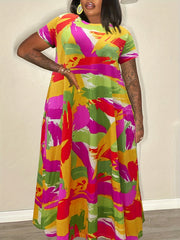 Women's Plus Painting Print Short Sleeve Round Neck Maxi Dress
