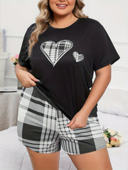 Plaid Heart Print Tee & Shorts Lounge Set