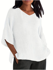Basic Blouse Women's Plus Solid Three Quarter Sleeve V Neck Top