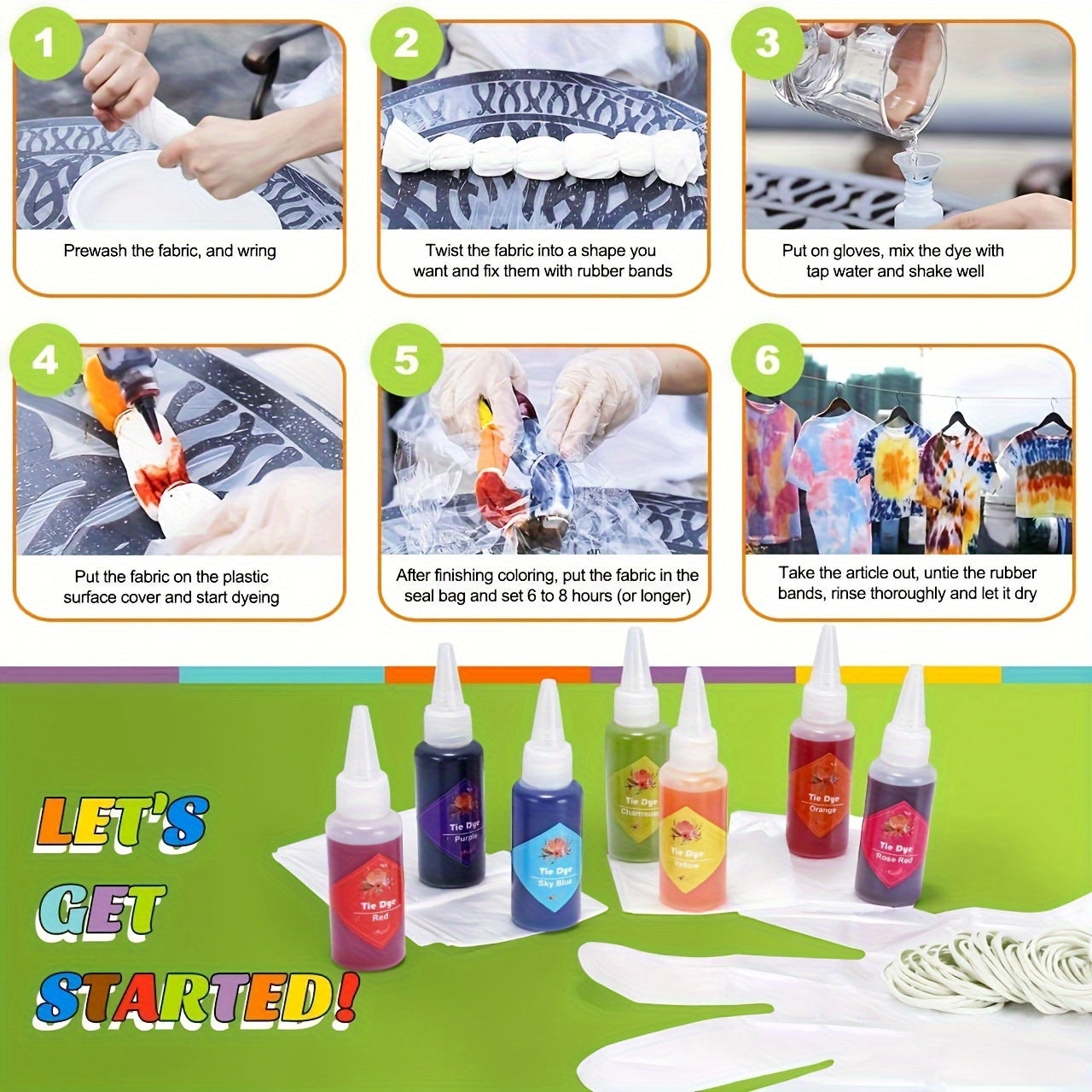 30 Colors Tie Dye Set Fabric Paint Squeeze Bottle Rubber Band Gloves DIY Craft