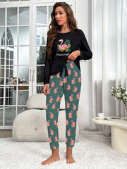 Flamingo Print Pajama Set Long Sleeve Top & Pants