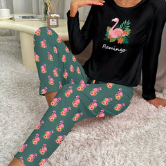 Flamingo Print Pajama Set Long Sleeve Top & Pants