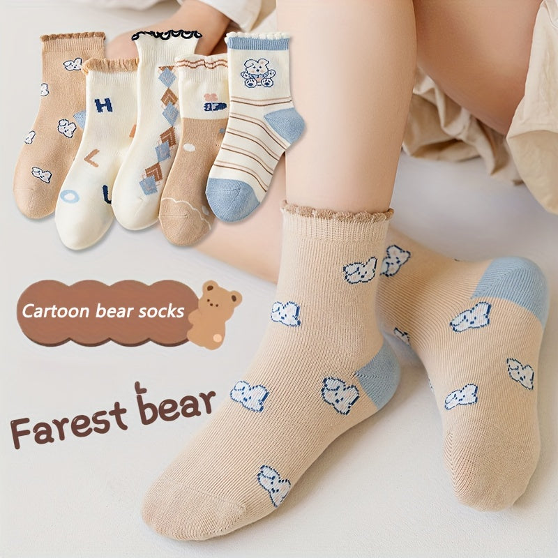 5 Pairs Girl's Knitted Crew Socks Cotton Blend Comfy Breathable Soft