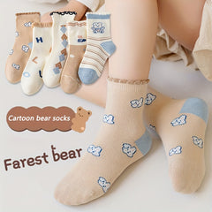 5 Pairs Girl's Knitted Crew Socks Cotton Blend Comfy Breathable Soft