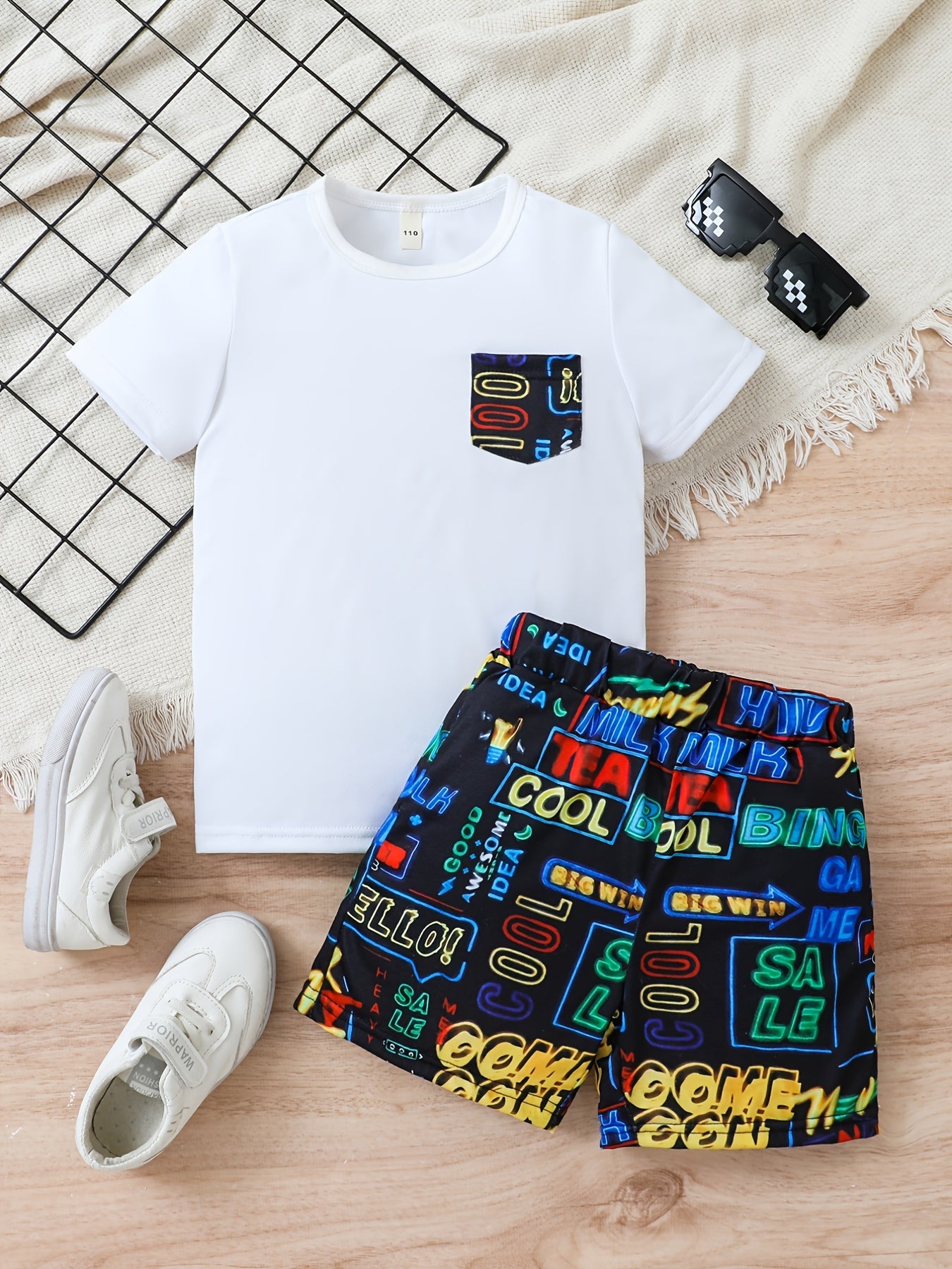 Boys Letter Outfit Shorts & T-shirt Short Sleeves Crew Neck Casual Summer