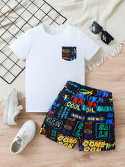 Boys Letter Outfit Shorts & T-shirt Short Sleeves Crew Neck Casual Summer