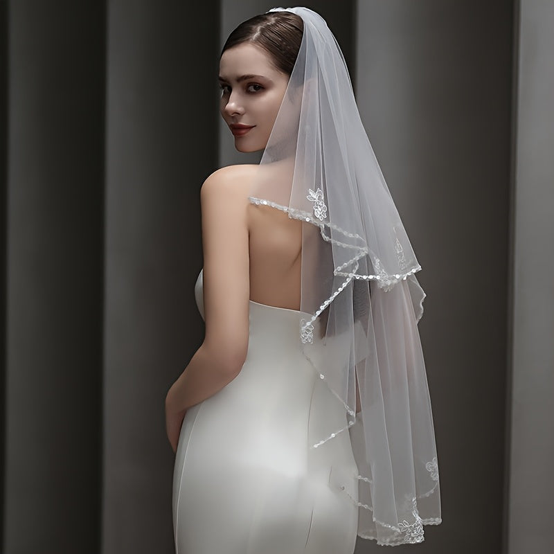 Beaded Floral Veil Soft Nylon Bridal Gown Accessory with Lace Detailing