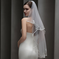 Beaded Floral Veil Soft Nylon Bridal Gown Accessory with Lace Detailing