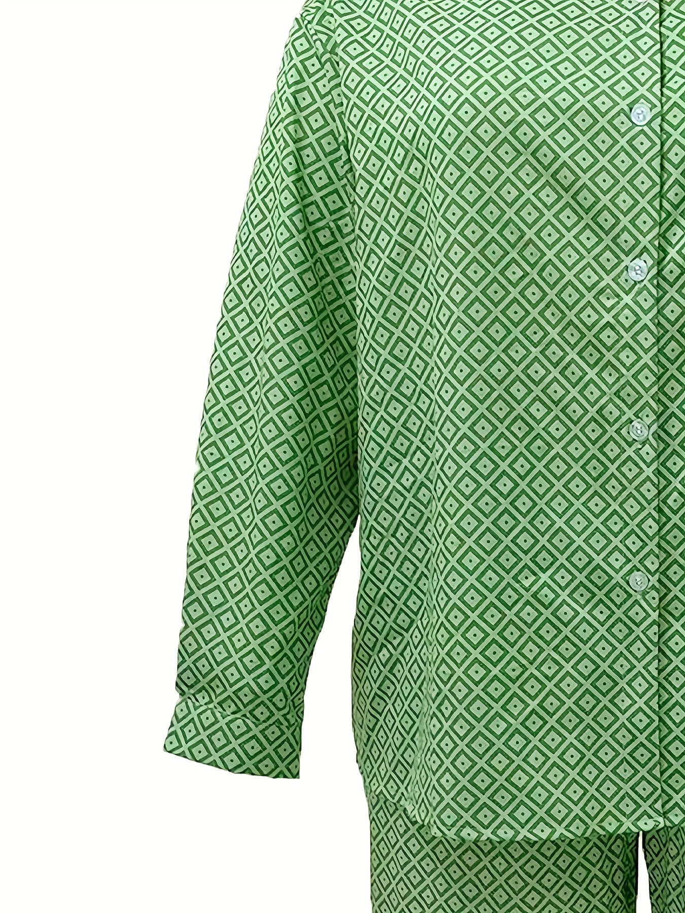 Women's Plus Allover Print Long Sleeve Button Up Shirt & Pants Outfit