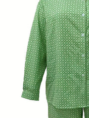 Women's Plus Allover Print Long Sleeve Button Up Shirt & Pants Outfit