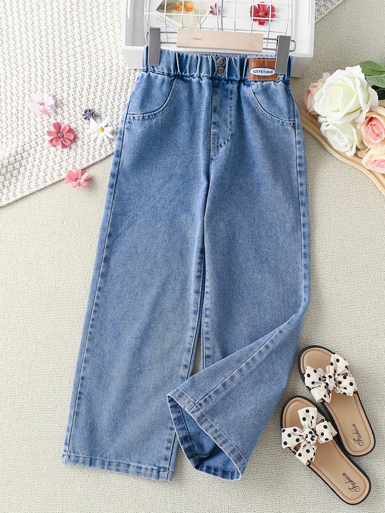 Toddler Girls Button Jeans Loose Wide Leg Denim Pants