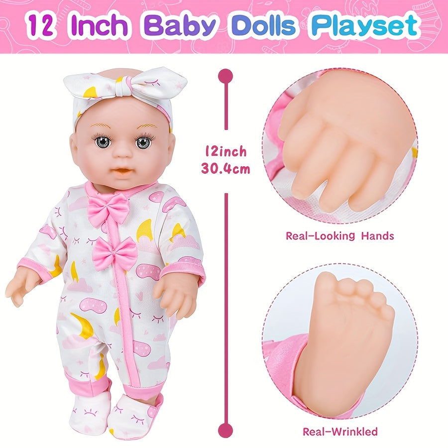 12" Silicone Doll in Pink Cat Ear Hoodie & Animal Print Pajamas