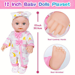 12" Silicone Doll in Pink Cat Ear Hoodie & Animal Print Pajamas