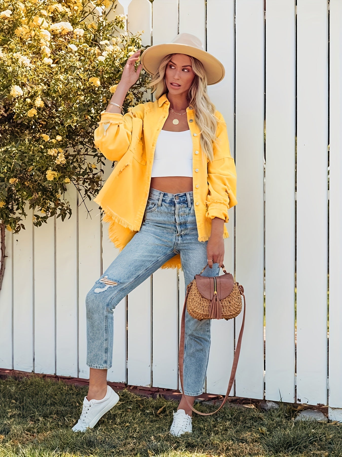 Yellow Ripped Holes Denim Jacket Long Sleeves Fringe Trim Distressed Denim Coat