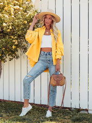 Yellow Ripped Holes Denim Jacket Long Sleeves Fringe Trim Distressed Denim Coat