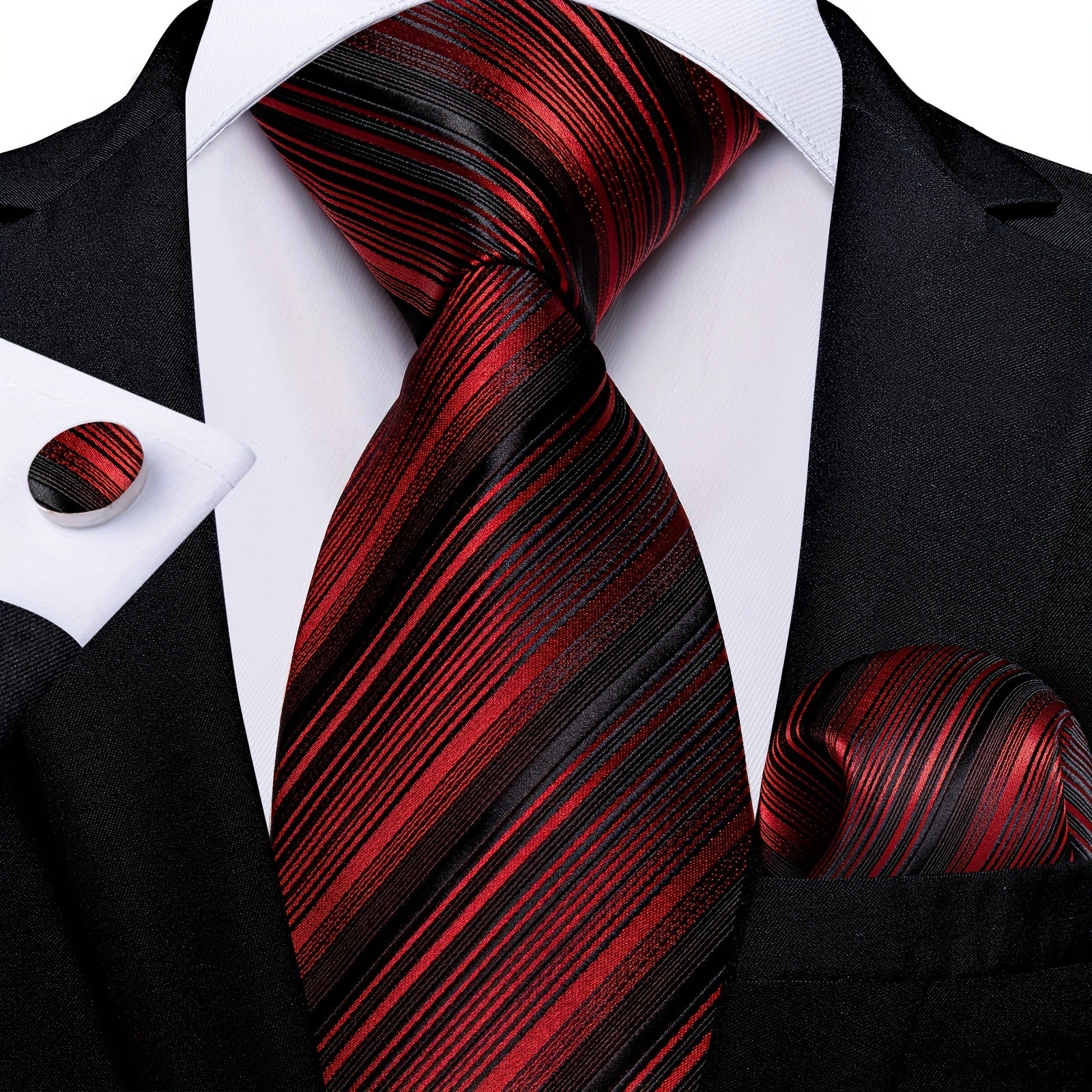 Silk Striped Necktie Red Green Tie Set for Men Wedding