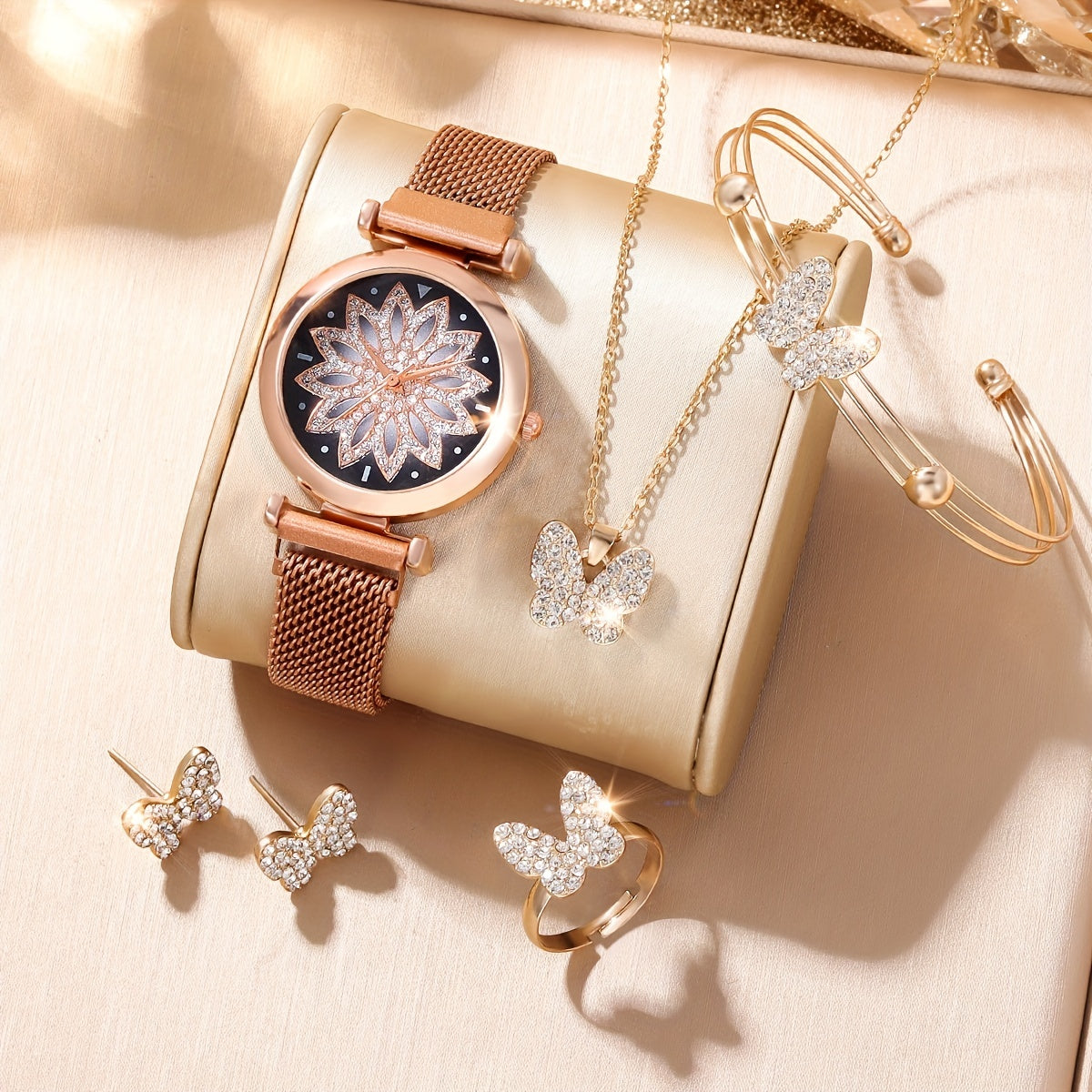 Kids Quartz Watch & Rhinestone Butterfly Jewelry Set