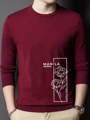 Rose Print Knitted Sweater Men's Crew Neck Pullover For Fall Winter