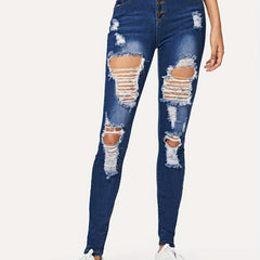 Distressed Skinny Jeans Button Fly Stretchy Denim Pants
