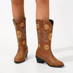 Floral Embroidered Chunky Heel Slip On Boots